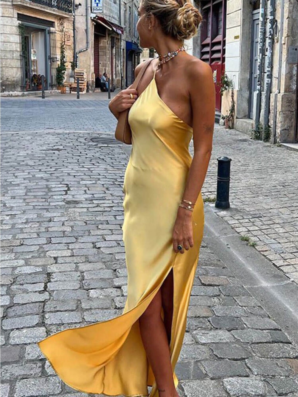 Commense One-Shoulder Satin Slip Dress in Yellow
